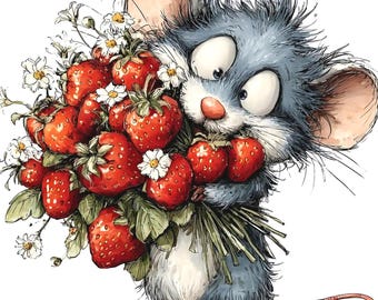 40 Strawberry Mouse Clipart Bundle, Whimsical Watercolor Mice JPG, Woodland Animal Clip Art