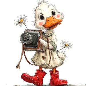 May include: A cartoon duckling with white feathers and an orange beak wearing a beige button-up shirt and bright red rubber boots. The duckling holds a vintage brown bellows camera and has two white daisies tucked into its clothing.