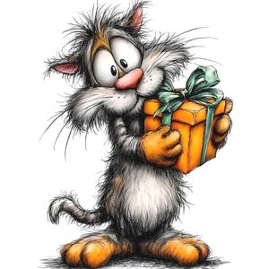 May include: A cartoon illustration of a fluffy, grey and white cat with large eyes and a pink nose, holding a square orange gift box tied with a green ribbon. The cat has messy fur, long whiskers, and orange-colored paws, standing upright.