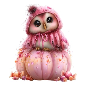 May include: A small owl with large dark eyes wearing a pink hooded cape, perched atop a large light pink pumpkin. The pumpkin is decorated with scattered pink and orange candies and small spherical ornaments around its base and surface.