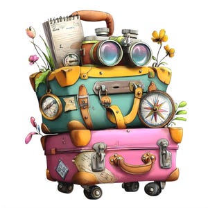 May include: A stack of two vintage-style suitcases with wheels. The top suitcase is teal with yellow accents, topped with binoculars, a spiral notebook, and a compass. The bottom suitcase is pink with yellow corners and travel stickers.