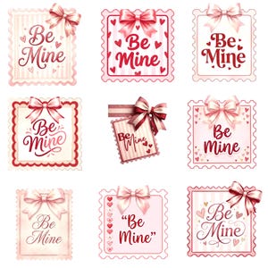 20 Valentine PNG Bundle, Retro Postage Stamp Hearts, Be Mine Clipart Digital Download