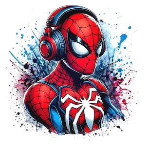 May include: A digital illustration of Spider-Man wearing red and blue headphones. The superhero is in his classic red and blue suit with a white spider emblem. The background features blue, red, and black paint splatters.