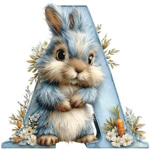 Clipart alphabet lunatique lapin bleu, lettres de script floral pastel (téléchargement numérique)