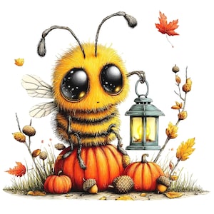 42 Cozy Autumn Bee Watercolor Clipart Whimsical Fall Pumpkin Cottagecore Junk Journal Designs