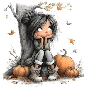 May include: A digital illustration of a child with dark hair sitting under a tree, wearing a gray sweater and cuffed pants with light-colored boots. Three orange pumpkins are placed on the ground, and scattered autumn leaves fall around.