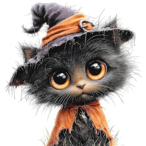 May include: A fluffy black kitten with large amber eyes wearing a tattered dark purple witch hat with an orange band and a silver buckle. The kitten also wears a frayed orange cape tied around its neck with a small silver charm attached to the front.
