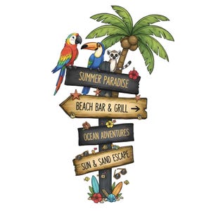 Może przedstawiać: Kapryśny drogowskaz z napisami "Summer Paradise", "Beach Bar & Grill", "Ocean Adventures" i "Sun & Sand Escape". Znak przedstawia papugę, tukana i lemura, z palmą i tropikalnymi akcentami.