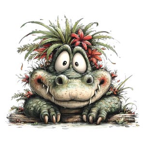 May include: A cartoon illustration of a green alligator with large eyes and a wide smile, resting its front claws on a brown log. The alligator is adorned with spiky green foliage and vibrant red flowers on its head and around its body.