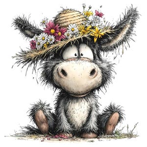 May include: A whimsical illustration of a donkey with a straw hat adorned with colorful flowers. The donkey has a fluffy gray and white coat, large eyes, and is sitting down. The flowers include pink, yellow, and white daisies.