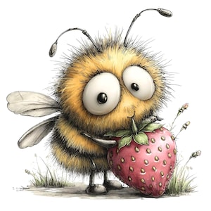May include: A whimsical illustration of a cartoon bee with large eyes, holding a ripe strawberry. The bee is yellow and black, with fluffy fur and small wings. The strawberry is red with green leaves, set against a white background.