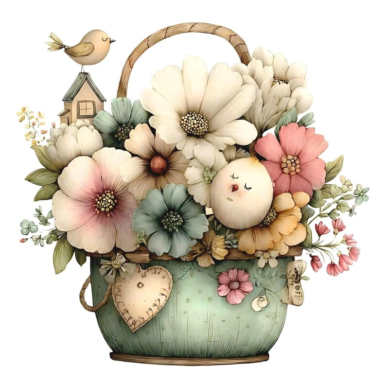 36 JPG Whimsical Spring Clipart Bundle • Watercolor Easter Cottagecore Flower Garden & Patina Blue Decor