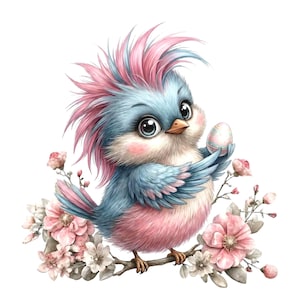 May include: A watercolor illustration of a charming bird with blue and pink feathers, holding a decorated Easter egg. The bird is perched on a branch surrounded by pink and white flowers, creating a whimsical and festive scene.