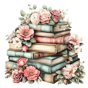 May include: A stack of vintage books with teal and pink covers, adorned with pink and peach roses, peonies, and other floral accents. The books are arranged in a layered pile, creating a visually appealing composition.