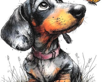 27 JPG Whimsical Spring Dachshund Clipart Bundle, Sausage Dog Floral Illustration, Cottagecore Puppy Graphics