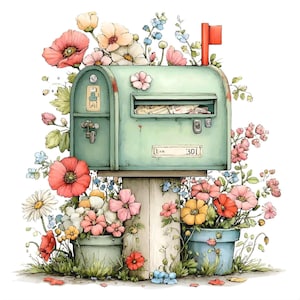 35 imágenes prediseñadas de buzones de correo en acuarela: Arte floral de jardín, buzón de correo de primavera PNG (uso comercial)