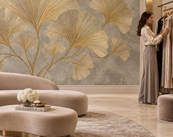 Gold Ginkgo Leaf Peel Stick Wallpaper, Japandi Botanical Mural, Elegant Metallic Line Wall Decor