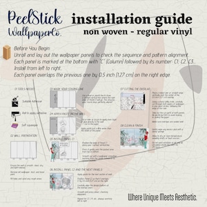 Puede incluir: Gu&iacute;a de instalaci&oacute;n para papel pintado PeelStick Wallpaper Co. de vinilo regular no tejido. Instrucciones: herramientas, preparaci&oacute;n de la pared, aplicaci&oacute;n de pasta y corte de solapamientos. Texto: "Where Unique Meets Aesthetic."