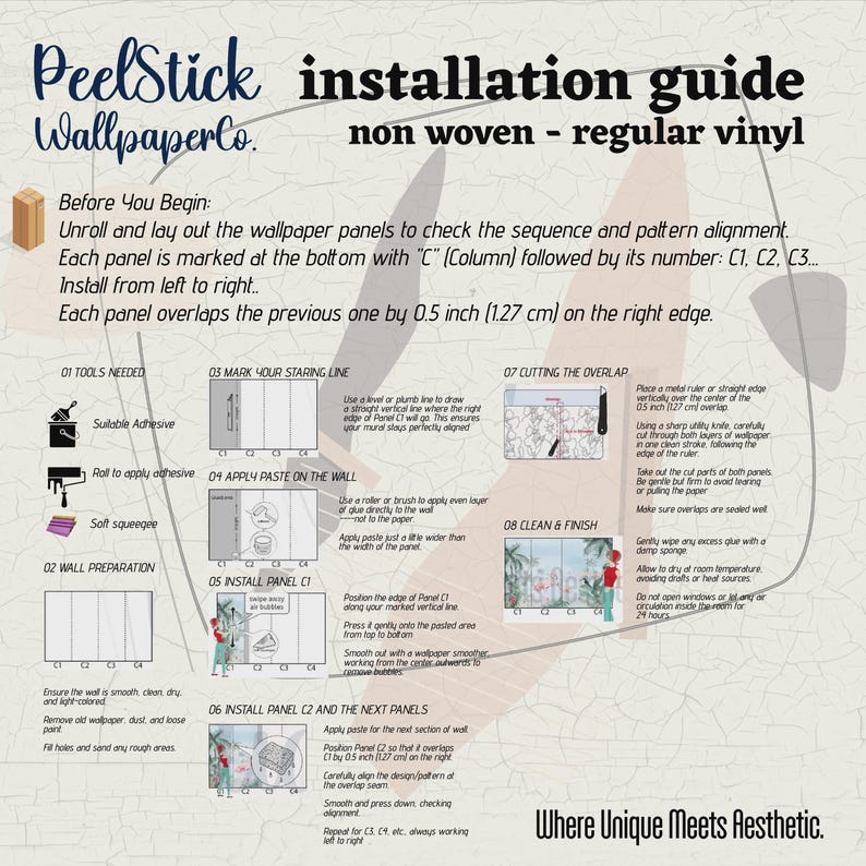 Puede incluir: Gu&iacute;a de instalaci&oacute;n para papel pintado PeelStick Wallpaper Co. de vinilo regular no tejido. Instrucciones: herramientas, preparaci&oacute;n de la pared, aplicaci&oacute;n de pasta y corte de solapamientos. Texto: "Where Unique Meets Aesthetic."