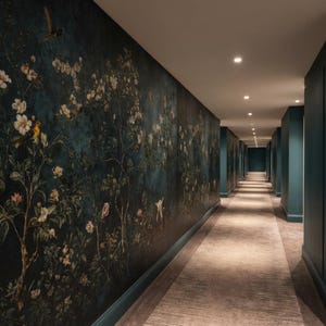 May include: A long hallway with a floral wallpaper on the left wall and teal walls on the right. The wallpaper features a dark blue background with white flowers, green leaves, and yellow birds. The floor is covered with a beige carpet.