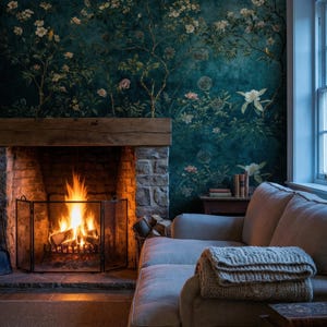 May include: A cozy living room scene featuring a lit fireplace with a stone surround and a wooden mantel. A floral wallpaper in shades of teal and green adorns the wall. A neutral-toned sofa with a knitted throw and books complete the inviting space.