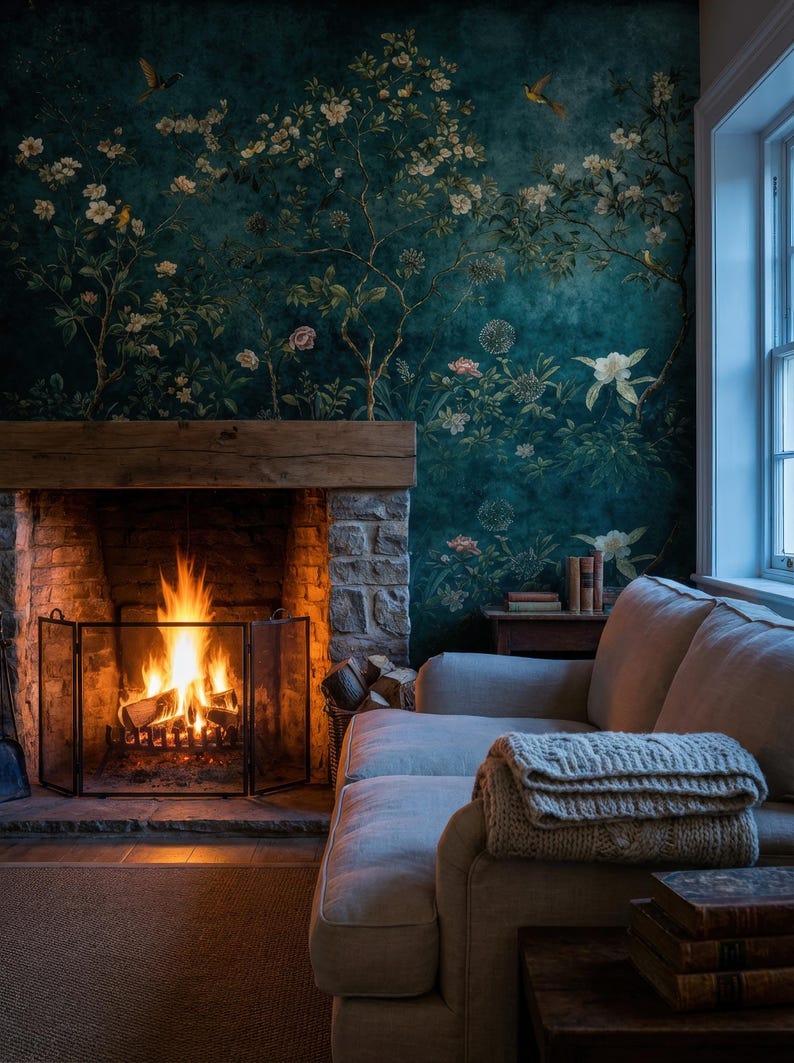 May include: A cozy living room scene featuring a lit fireplace with a stone surround and a wooden mantel. A floral wallpaper in shades of teal and green adorns the wall. A neutral-toned sofa with a knitted throw and books complete the inviting space.