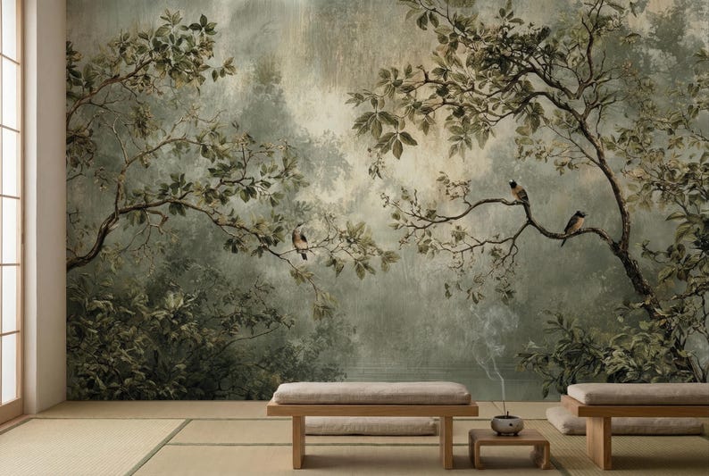 Puede incluir: Un mural que representa una serena escena de bosque con &aacute;rboles, follaje y p&aacute;jaros posados en ramas. La paleta de colores es apagada, con tonos de verde, marr&oacute;n y gris. El mural est&aacute; instalado en una habitaci&oacute;n con un dise&ntilde;o minimalista.