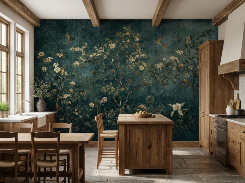 May include: A kitchen with wooden cabinets, a central island, and a dining table. The focal point is a dark teal mural with a floral and bird design. The room has a rustic, natural aesthetic with exposed wooden beams.