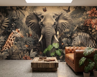 Papel pintado vintage de elefantes, cebras y jirafas, mural de pared infantil con temática de la selva, decoración para habitaciones infantiles, autoadhesivo.