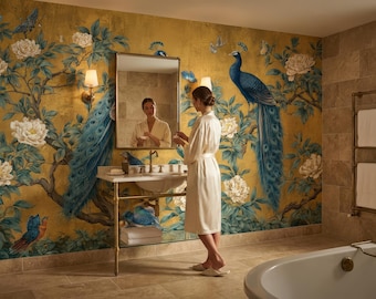 Gold Vintage Blue Peacock Chinoi Wallpaper, Vinyl Peel and Stick Removable Antique Wall Mural