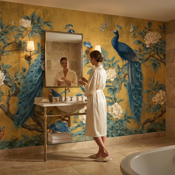 Papel de parede Chinoi vintage dourado com pavão azul, vinil adesivo removível, estilo antigo.