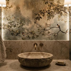 Puede incluir: Interior de ba&ntilde;o con lavabo de piedra, grifer&iacute;a de lat&oacute;n y un mural con aves y ramas. Dos apliques con pantallas blancas flanquean el mural. Una toalla cuelga de un gancho en forma de rama, a&ntilde;adiendo un toque r&uacute;stico.