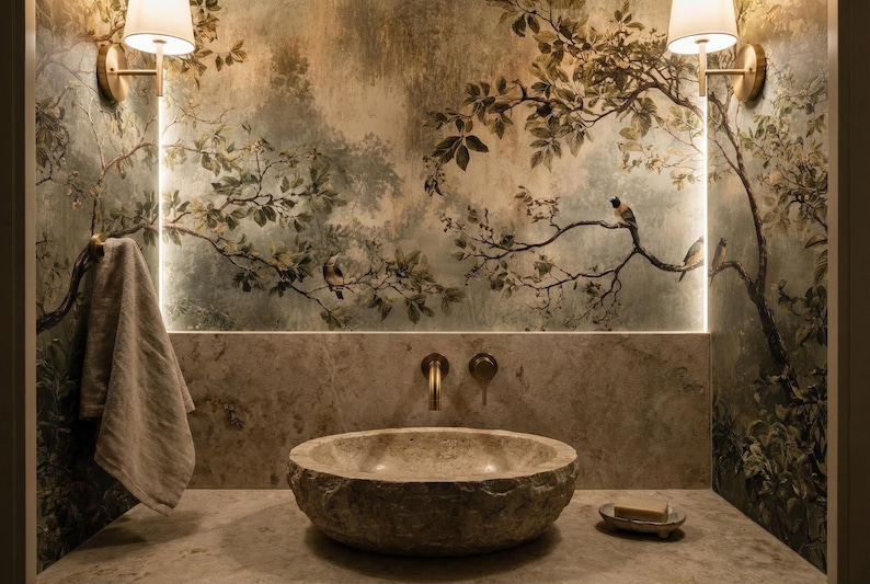 Puede incluir: Interior de ba&ntilde;o con lavabo de piedra, grifer&iacute;a de lat&oacute;n y un mural con aves y ramas. Dos apliques con pantallas blancas flanquean el mural. Una toalla cuelga de un gancho en forma de rama, a&ntilde;adiendo un toque r&uacute;stico.