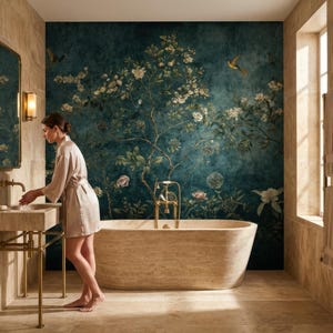 May include: A luxurious bathroom with a freestanding stone bathtub and a matching sink. The walls are adorned with a floral mural in shades of teal and green. Gold fixtures and a matching mirror add a touch of elegance.
