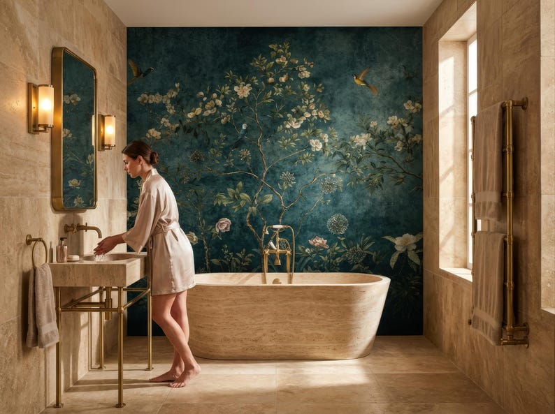 May include: A luxurious bathroom with a freestanding stone bathtub and a matching sink. The walls are adorned with a floral mural in shades of teal and green. Gold fixtures and a matching mirror add a touch of elegance.