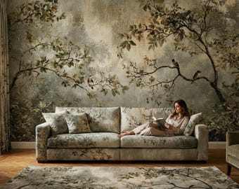 Papel pintado de pájaro cantor de bosque con pintura al óleo verde, vinilo autoadhesivo, mural de pared vintage extraíble