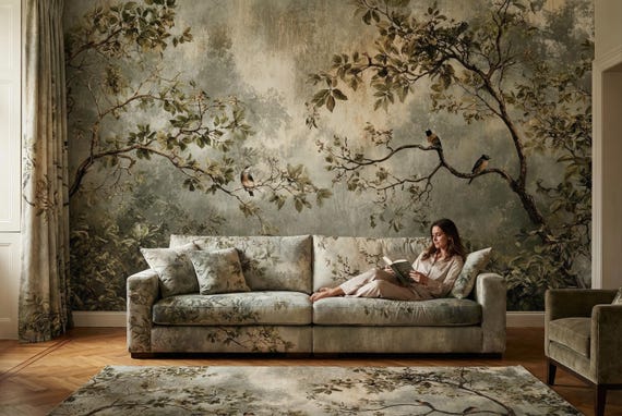 Green Oil Painting Forest Songbird Wallpaper, Vinyl Peel and Stick Removable Vintage Wall Mural