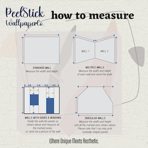 Puede incluir: Diagrama que ilustra c&oacute;mo medir paredes para papel tapiz. Incluye instrucciones para paredes est&aacute;ndar, m&uacute;ltiples e irregulares, as&iacute; como paredes con puertas y ventanas. Texto: "PeelStick Wallpaper Co." y "Where Unique Meets Aesthetic."