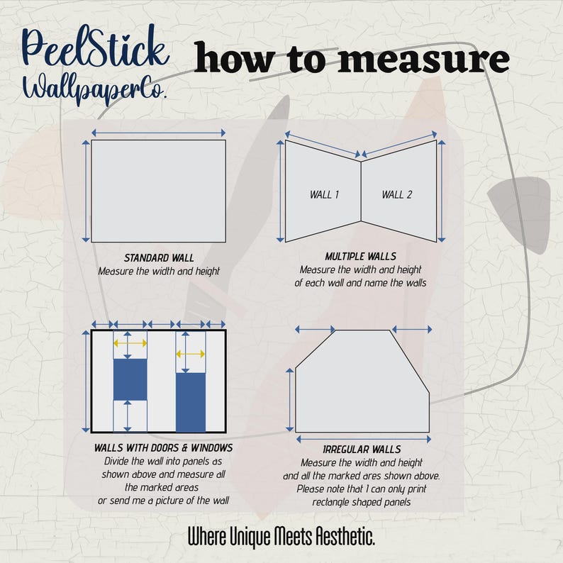Puede incluir: Diagrama que ilustra c&oacute;mo medir paredes para papel tapiz. Incluye instrucciones para paredes est&aacute;ndar, m&uacute;ltiples e irregulares, as&iacute; como paredes con puertas y ventanas. Texto: "PeelStick Wallpaper Co." y "Where Unique Meets Aesthetic."