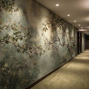 Puede incluir: Un largo pasillo con un mural con tem&aacute;tica de la naturaleza. El mural representa una escena de bosque con &aacute;rboles, hojas y p&aacute;jaros. El pasillo tiene una alfombra de color claro e iluminaci&oacute;n empotrada.