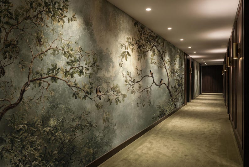 Puede incluir: Un largo pasillo con un mural con tem&aacute;tica de la naturaleza. El mural representa una escena de bosque con &aacute;rboles, hojas y p&aacute;jaros. El pasillo tiene una alfombra de color claro e iluminaci&oacute;n empotrada.
