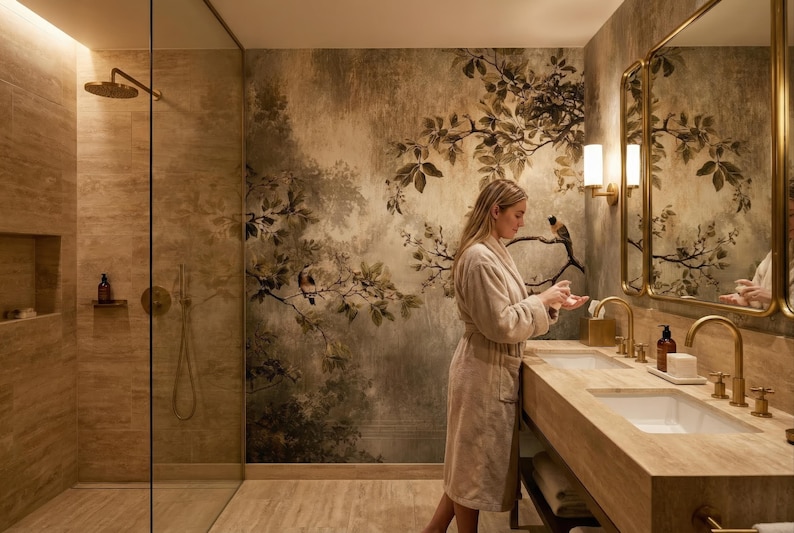 Puede incluir: Un lujoso ba&ntilde;o con una combinaci&oacute;n de colores beige. La habitaci&oacute;n cuenta con un lavabo doble con accesorios dorados, un espejo grande y una ducha. El papel pintado tiene un dise&ntilde;o inspirado en la naturaleza con p&aacute;jaros y follaje.
