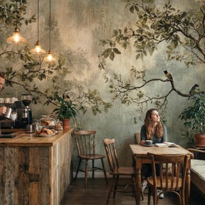 Puede incluir: Interior de una cafeter&iacute;a con una barra de madera y un mural de un &aacute;rbol con p&aacute;jaros. Un barista prepara caf&eacute;, mientras un cliente est&aacute; sentado en una mesa. La cafeter&iacute;a tiene un ambiente c&aacute;lido y acogedor.