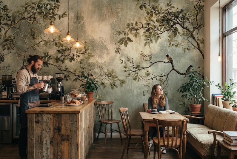 Puede incluir: Interior de una cafeter&iacute;a con una barra de madera y un mural de un &aacute;rbol con p&aacute;jaros. Un barista prepara caf&eacute;, mientras un cliente est&aacute; sentado en una mesa. La cafeter&iacute;a tiene un ambiente c&aacute;lido y acogedor.