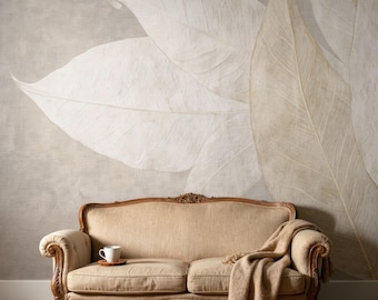 Papel pintado de hojas color crema con esqueleto grande, textura de lino, dorado y beige, autoadhesivo, extraíble