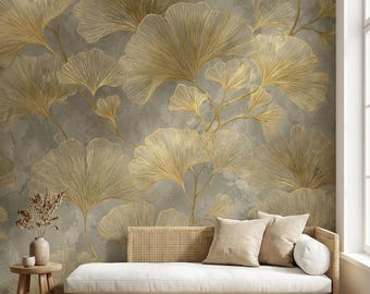 Papel pintado floral botánico dorado con hojas de ginkgo, vinilo autoadhesivo, mural vintage extraíble.