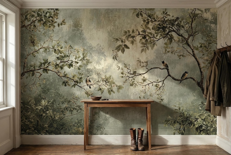 Puede incluir: Un mural que representa una escena de bosque con p&aacute;jaros posados en ramas. Una mesa de madera y botas est&aacute;n frente al mural. La paleta de colores incluye tonos de verde, marr&oacute;n y gris.