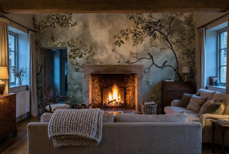 Puede incluir: Un sal&oacute;n acogedor con una chimenea encendida, un sof&aacute; gris y una gran manta de punto. La habitaci&oacute;n presenta un mural de &aacute;rboles y ramas en la pared, creando un ambiente c&aacute;lido. Tambi&eacute;n se ven un mueble de madera y una ventana.