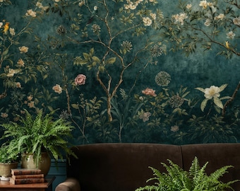 Sage Green Botanical Wallpaper, Vinyl Peel Stick Removable, Chinoiserie Mural with Vintage Bird Prints