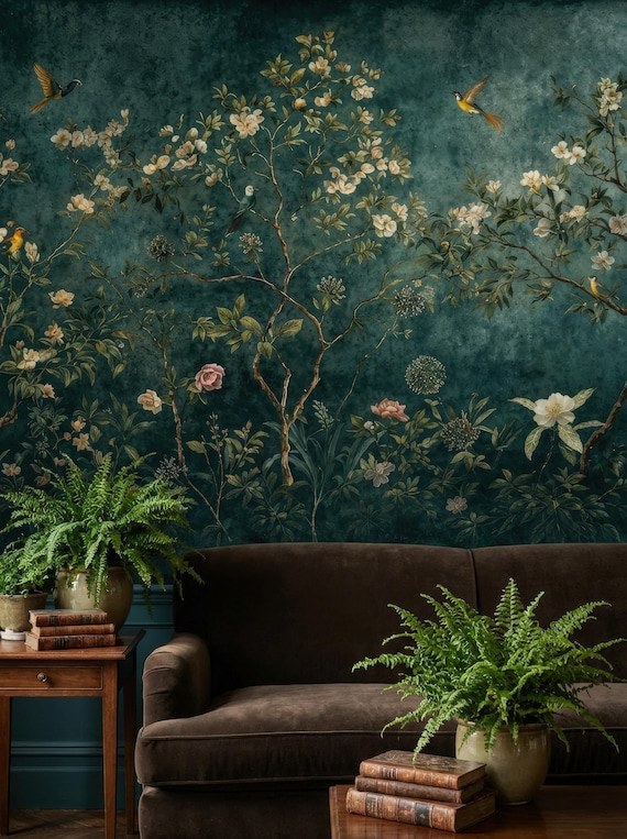 Sage Green Botanical Wallpaper, Vinyl Peel Stick Removable, Chinoiserie Mural with Vintage Bird Prints
